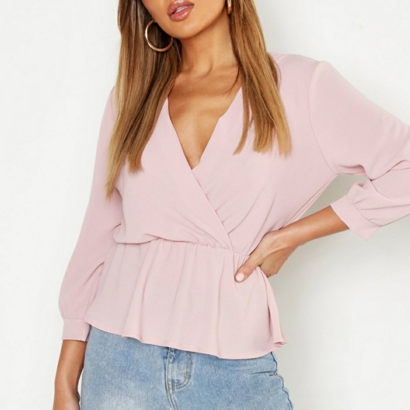 Boohoo Tops - Woven Wrap Peplum Blouse - Soft Pink, NWT
